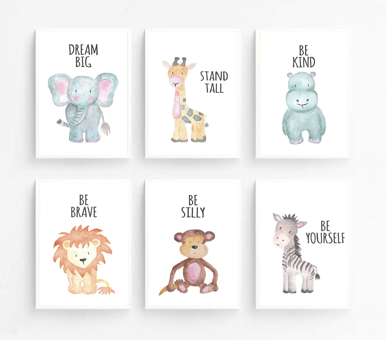 Pack de cuatro cuadros infantiles con diseño de animalitos felices rosas y  celestes con frases de